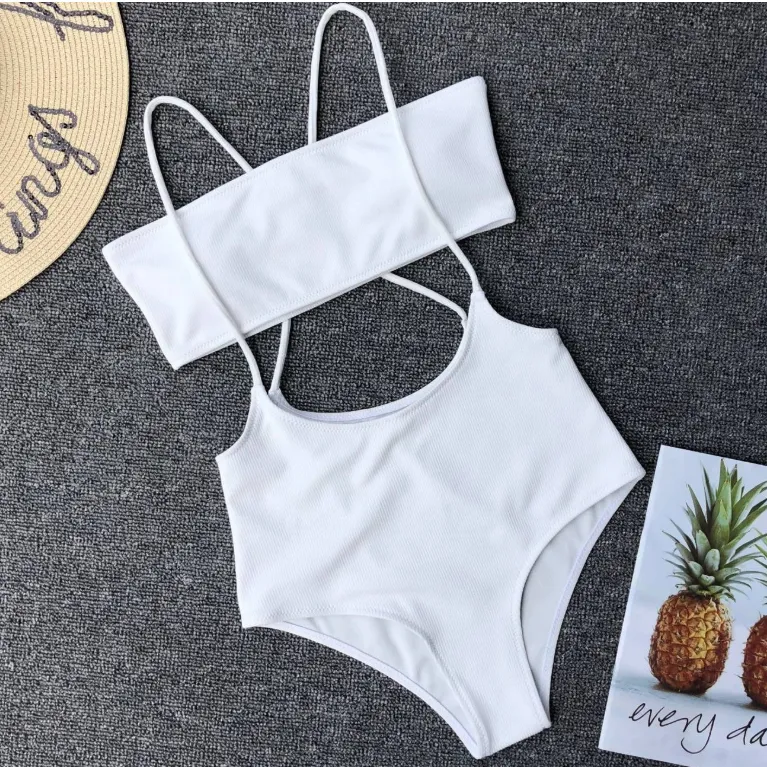 Ms. Split Swimsuit Sexy Solid Color Irregular Bib Bikini - White