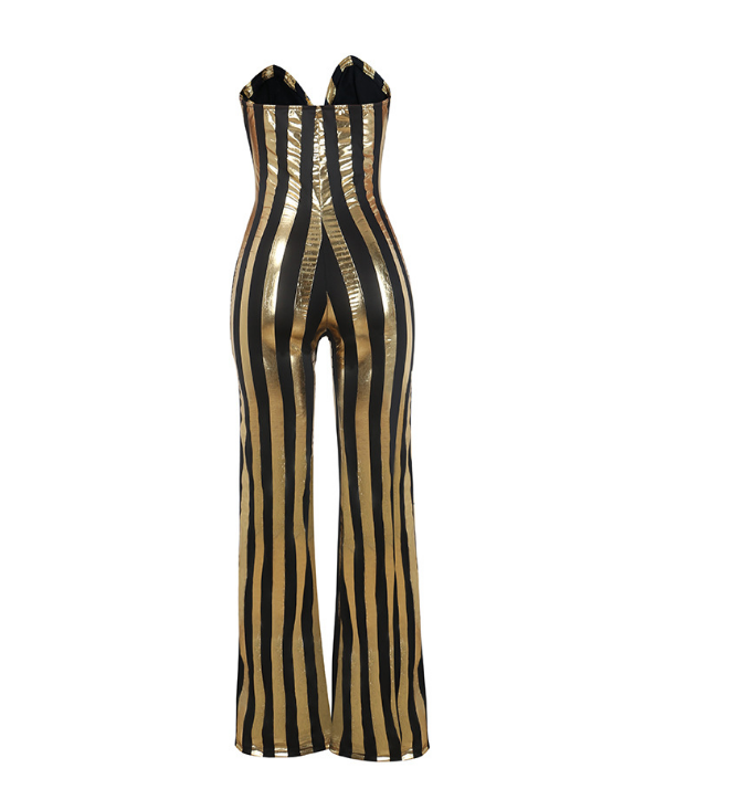 Deep V wrapped chest black gold striped Siamese nightclub