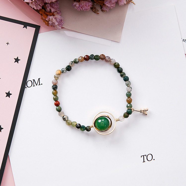 Sweet Simple Hollow Geometric Round Circle Crystal Beaded Tower Pendant Bracelet Bangle for Women Girlfriend