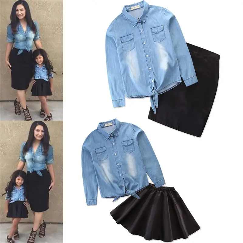 New Denim Shirt Andblack Skirt Suit Family Wear