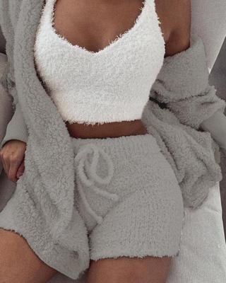 Conjunto de pijama 3 piezas de ropa para mujer manga larga corta camiseta sin mangas y pantalones cortos con cordón - Imagen 15 de 17