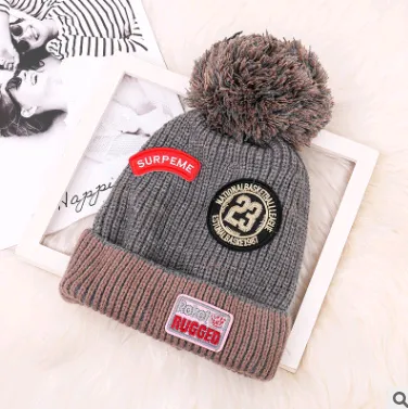 Winter New Ladies Plus Velvet Letter Labeling Wool Color Hair Ball Earmuffs Curling Knit - Gray