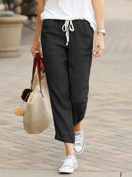 Drawstring elastic waist cotton and linen pants Black - Shop at LoveMi