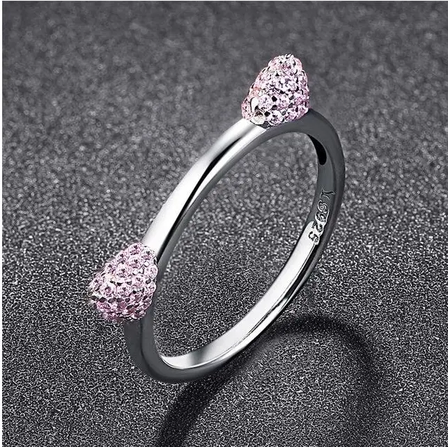 Inlaid Crystal Cute Cat Ears S925 Sterling Silver Rin