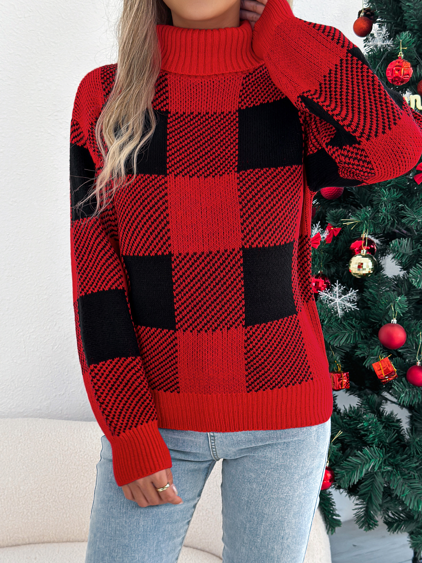 Casual Color Block Plaid Lantern Sleeve High Neck Sweater Red - Shop at LoveMi