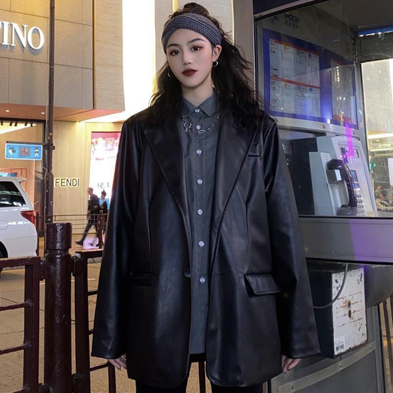Dark Black Leather Coat Loose Vintage