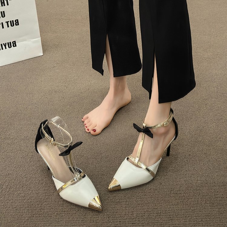New Gorgeous Comfortable High Heels, Bow Decor Metal Closed Toe Cutout One Strap Stiletto Sandals For Women