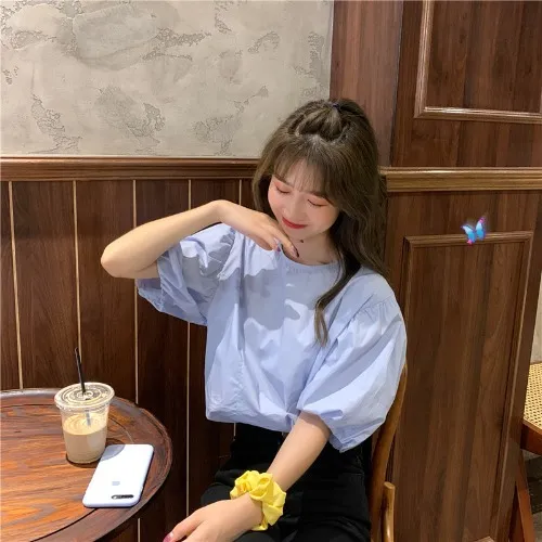 Summer French Puff Sleeve Suspenders Matching Top Light Blue - Shop at LoveMi