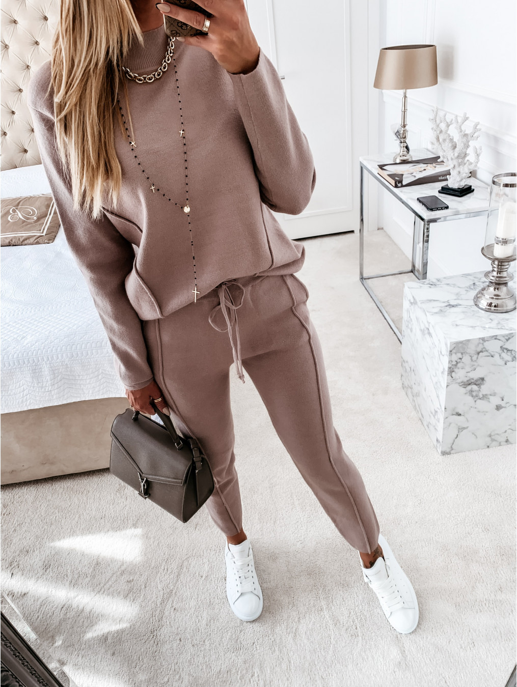 High Collar Casual Solid Color Trousers Two-Piece Sweater Suit
