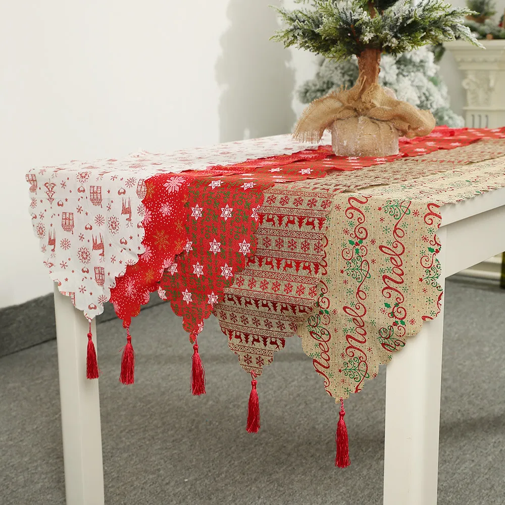 Christmas decorative linen print snowflake with tassel table mat – image 4