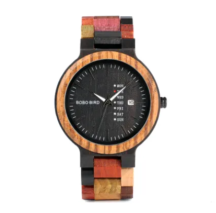 Casual Wooden Watch Men's Week Calendar Garden Unique Quartz