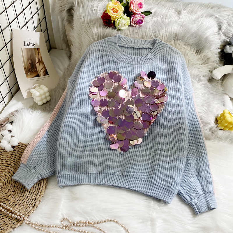 Women's sequined heart-shaped sweater