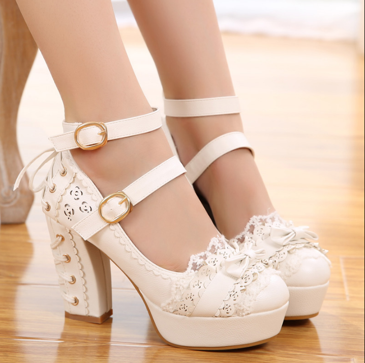 Sweet Princess Japanese High Heels Autumn Mary Jane Shoes Waterproof Lace Bow