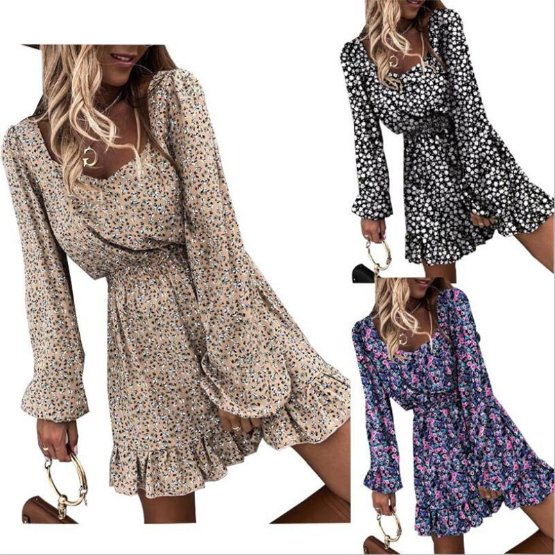 Sexy printed ruffled tight waist long sleeve dress
