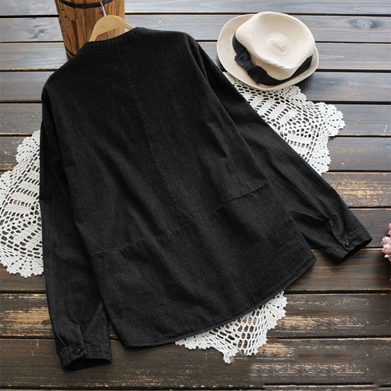 Stand-up collar denim plus size long sleeve women's shirt