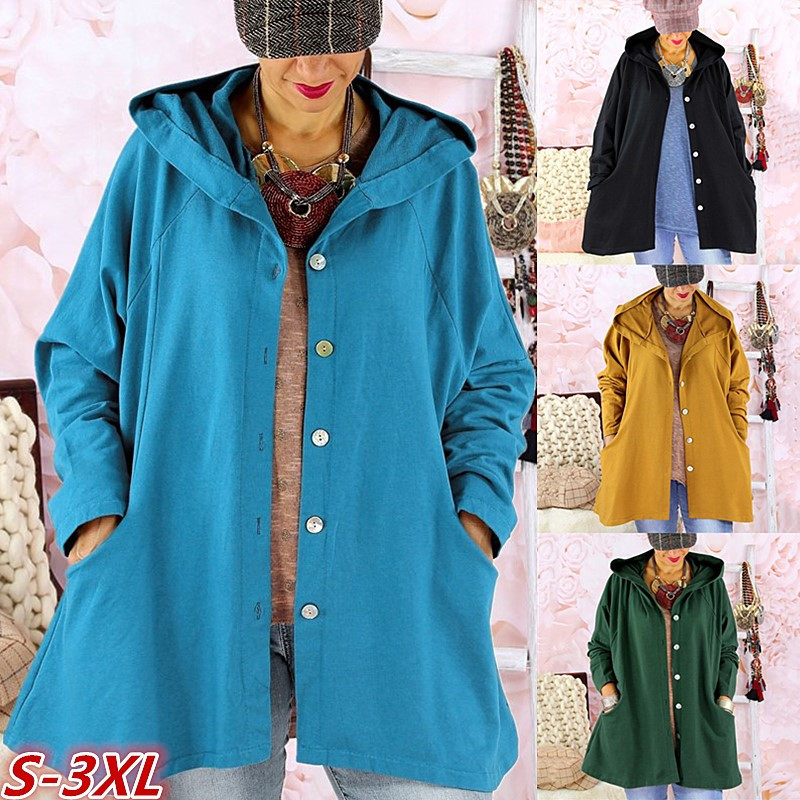 Solid color breasted hooded women's trench coat
