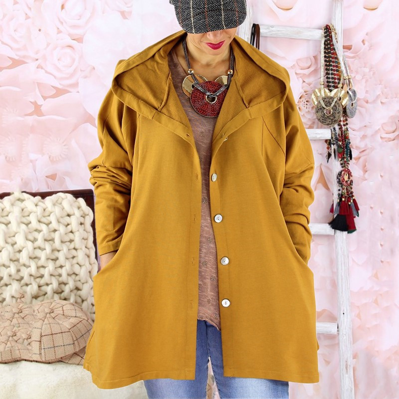 Solid color breasted hooded women's trench coat Yellow - Shop at LoveMi
