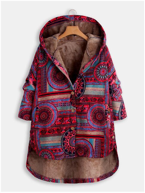 Women Winter Floral Printed Coat Vintage Red - Shop at LoveMi