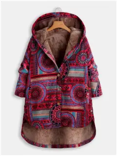 Women Winter Floral Printed Coat Vintage - Red - View 1