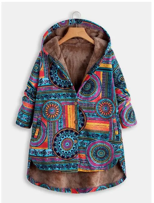 Women Winter Floral Printed Coat Vintage Blue - Shop at LoveMi