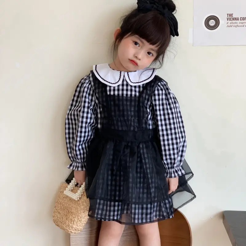 Girls Long Sleeve Plaid Dress with Peter Pan Collar and Gauze Overlay