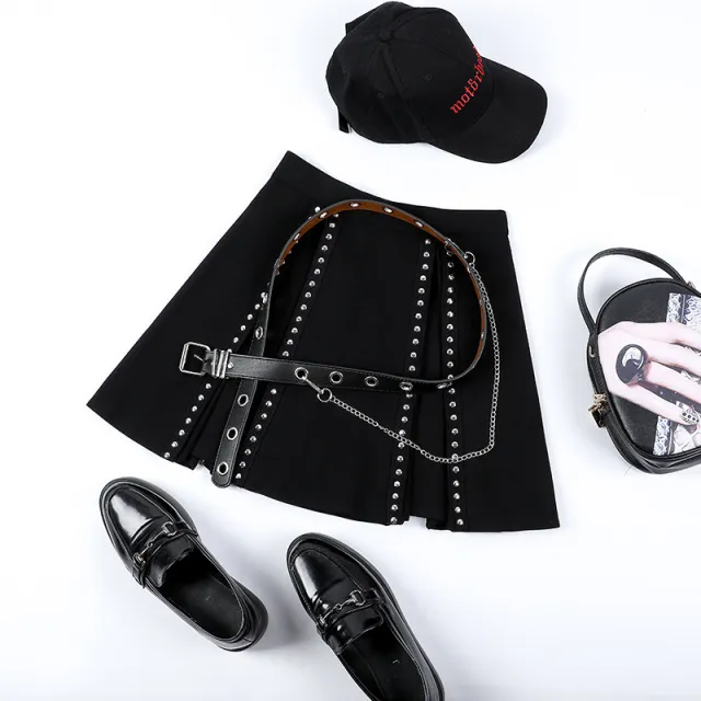 Elastic waist pleated skirt Black With Belt - Shop at LoveMi