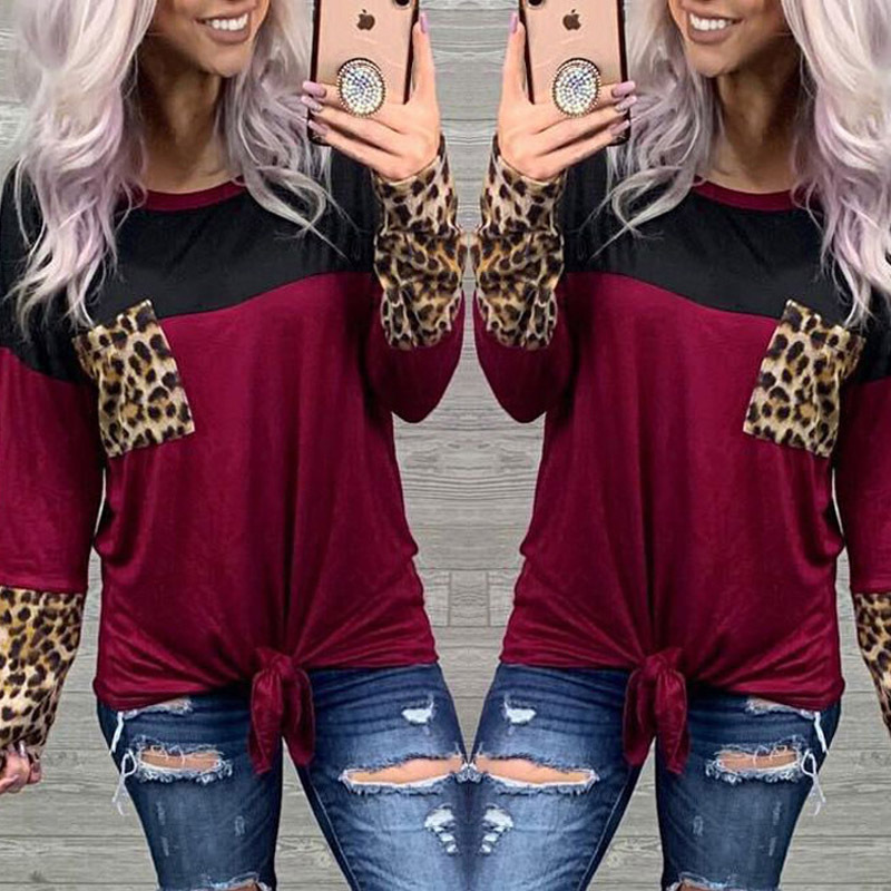 Leopard print stitching lace long sleeve t-shirt top