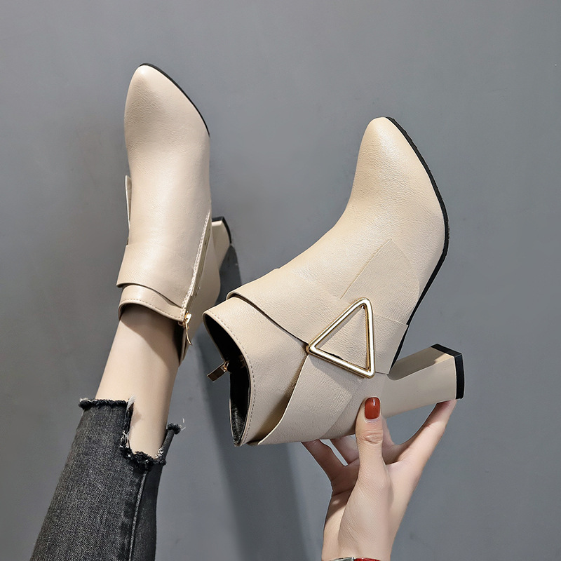 High heels pointed toe all-match solid color leather boots