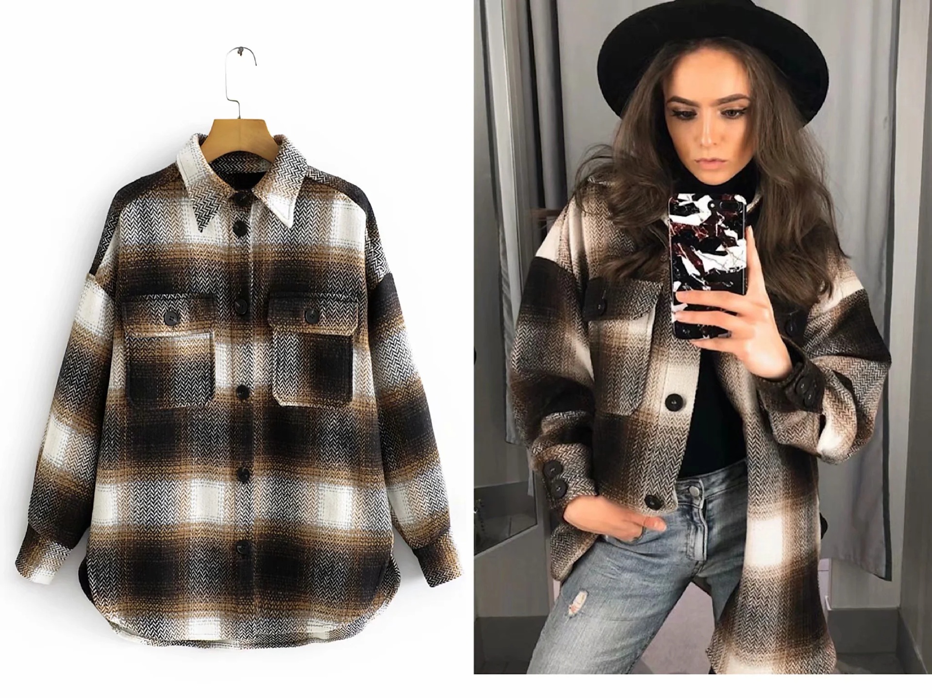 Long sleeve woolen plaid jacket