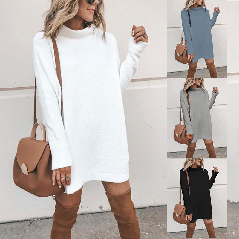 Half high neck long pullover sweater dress