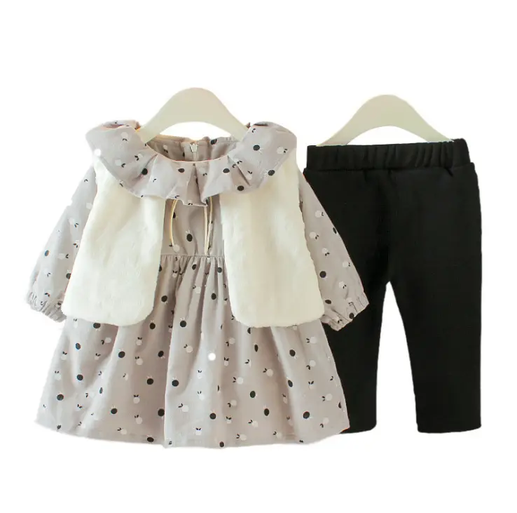 Baby Girl Winter Outfit Set with Plush Vest and Long Sleeve Dress — Grey, 66cm