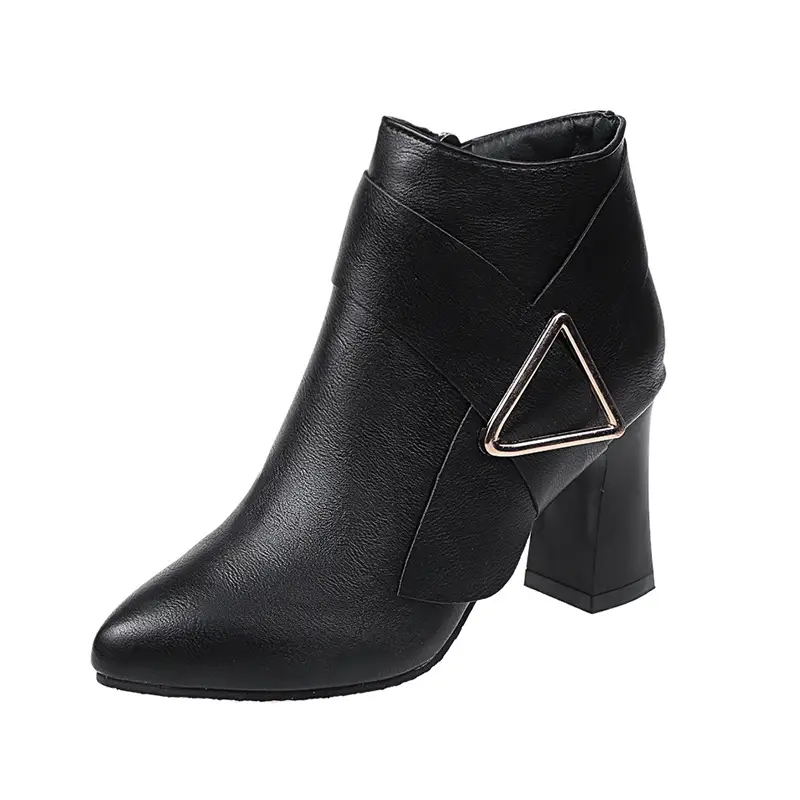 High heels pointed toe all-match solid color leather boots