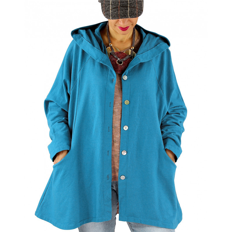 Solid color breasted hooded women's trench coat Blue - Shop at LoveMi
