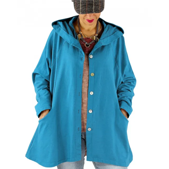 Solid color breasted hooded women's trench coat Blue - Shop at LoveMi