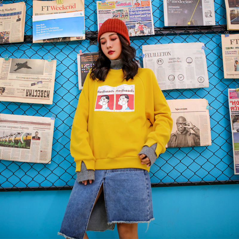 Women's cartoon print plus velvet padded sweater