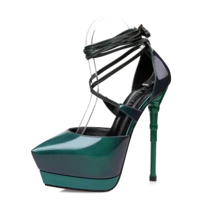 Sexy waterproof platform super high heel sandals nightclub cross straps pointed stiletto sandals Green - Shop at LoveMi