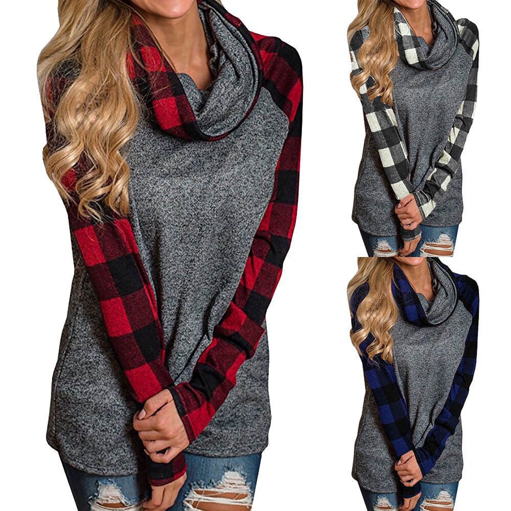 Plaid pile collar long-sleeved top
