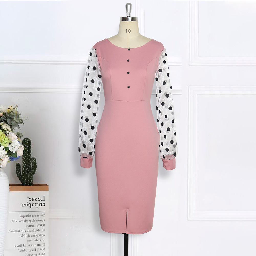 Polka Dot Long Sleeve Button Slim High Stretch Dress