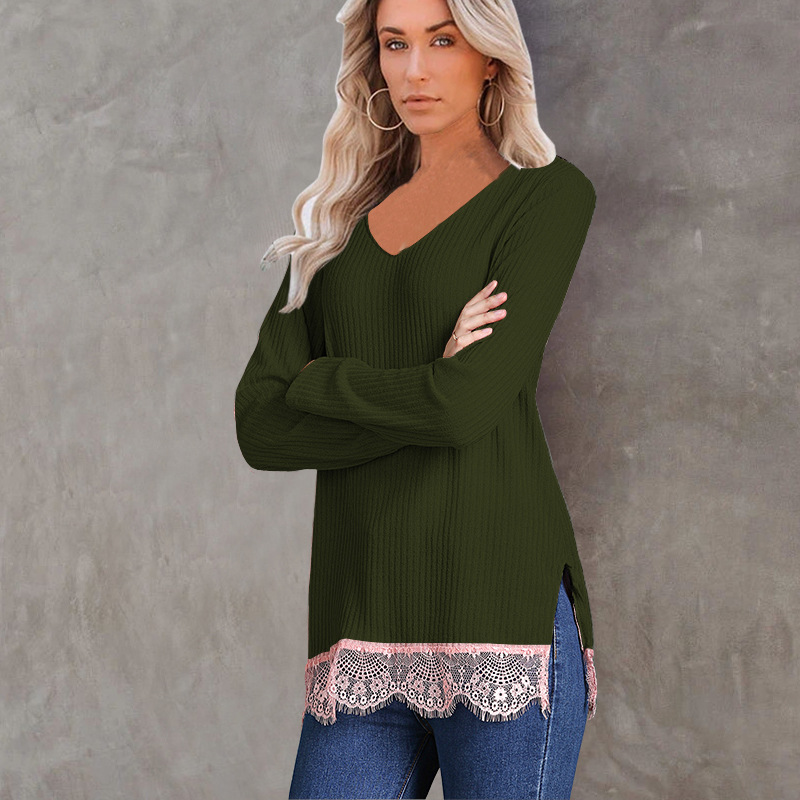 Pure color stitching lace knit sweater
