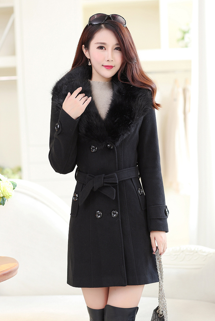 Large fur collar woolen coat Black - Shop at LoveMi