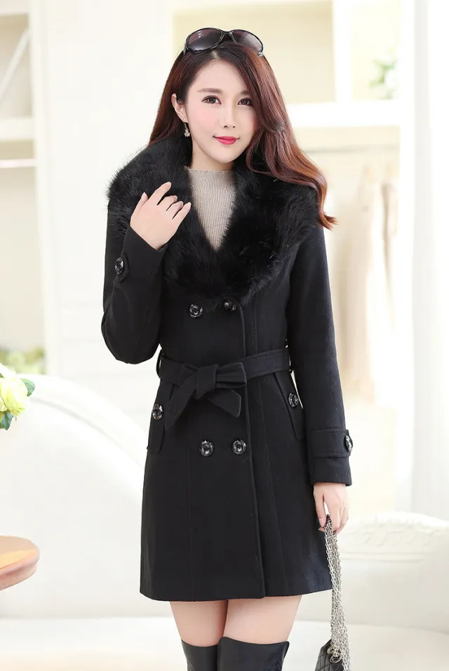 Large fur collar woolen coat Black - Shop at LoveMi