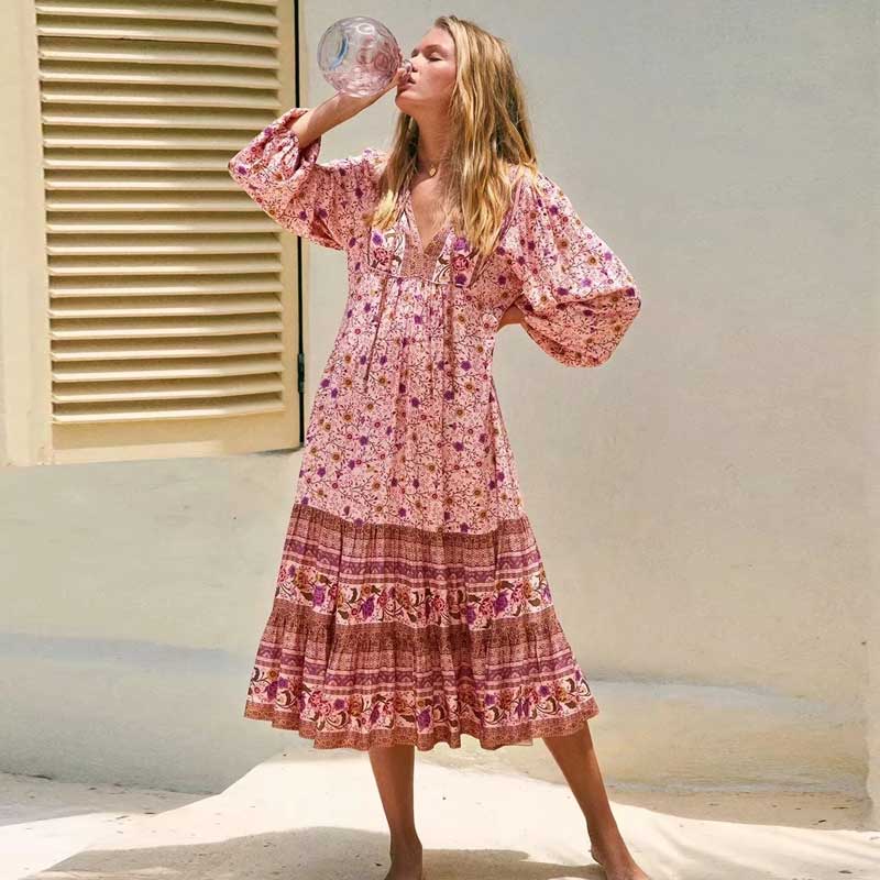 Lace-up rayon printed dress