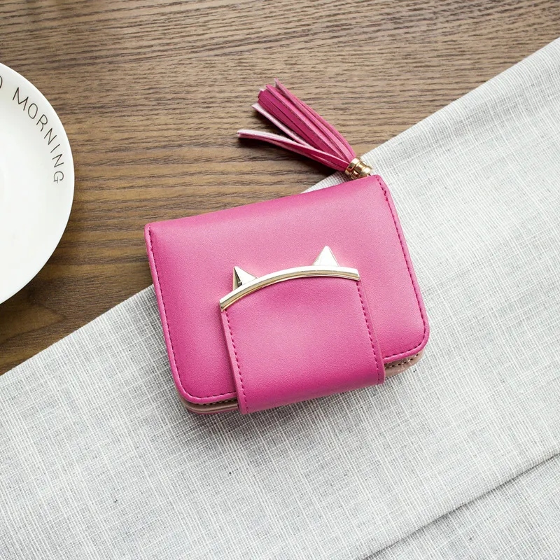 Cute Cat Ears Leather Short Tassel Women Wallet Small Day Clutch Trifold Female Purse ID Coin Card Holder Mini Bag - Rose