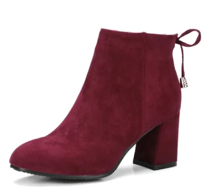 Suede square head European and American short boots women Wine - Shop at LoveMi