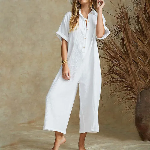Casual Loose Long Jumpsuit Short Sleeve Rompers White - Shop at LoveMi