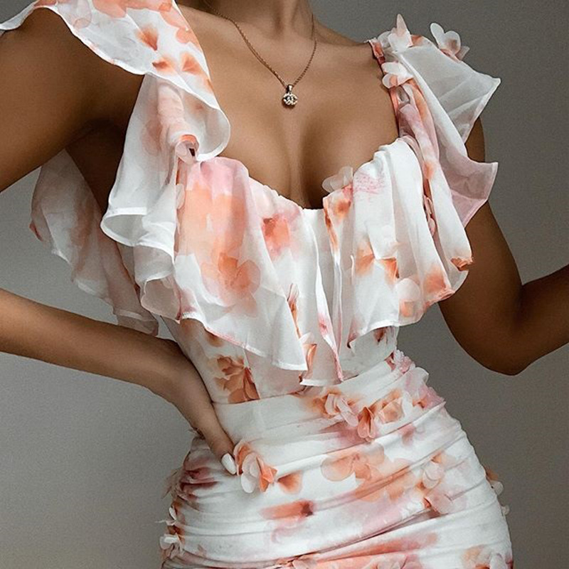 Cross-border hot sale sexy halter one-shoulder printed dress