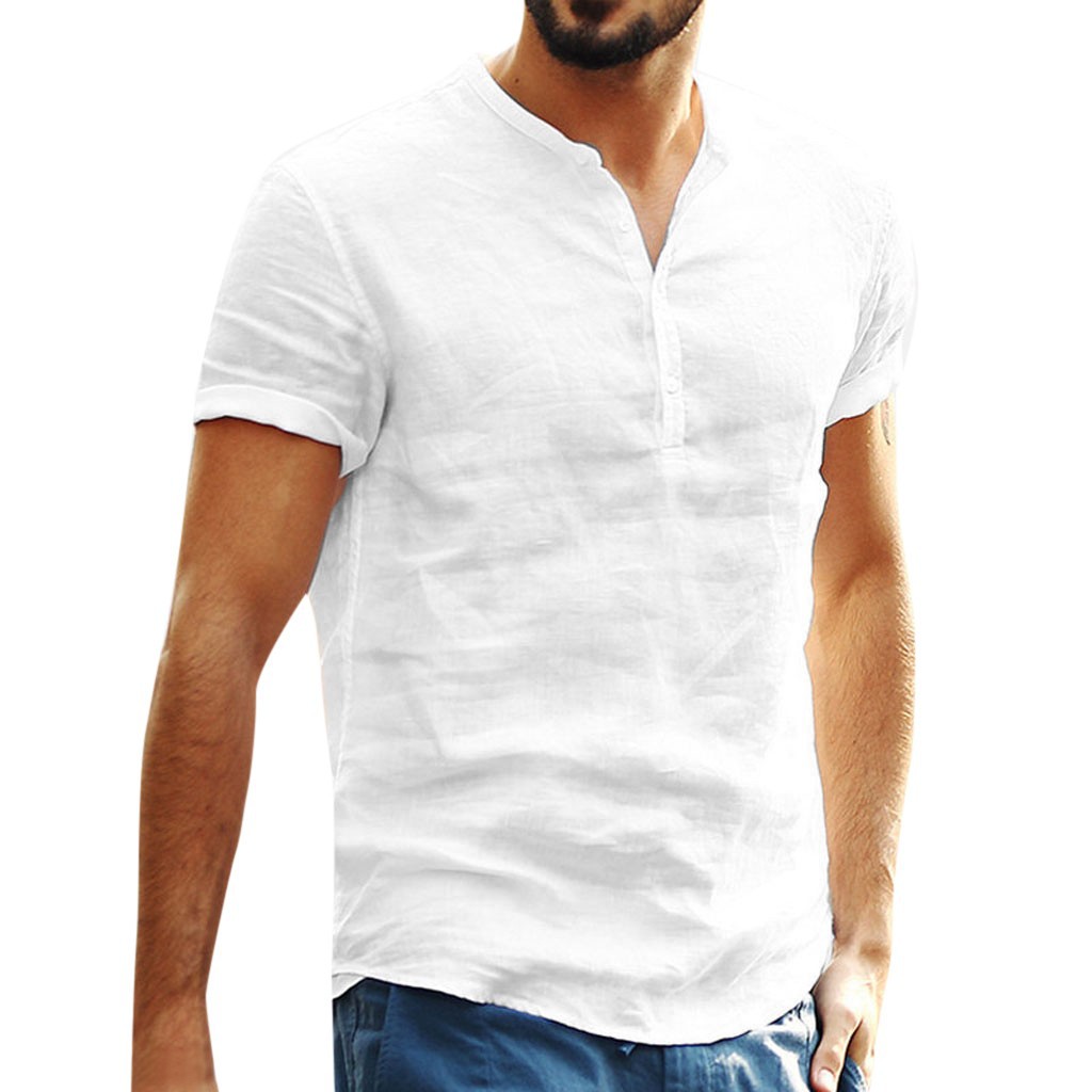 Stand collar cotton linen short sleeve shirt