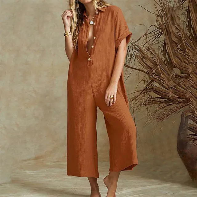 Casual Loose Long Jumpsuit Short Sleeve Rompers Khaki - Shop at LoveMi