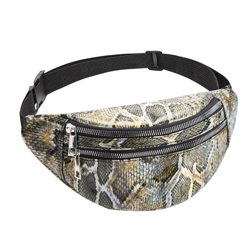 Men and women new snake print zipper belt bag - Green