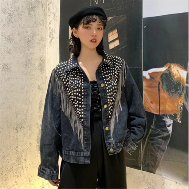 Heavy Industry Beaded Diamond Tassel Short Denim Jacket Dark Grey - Shop at LoveMi